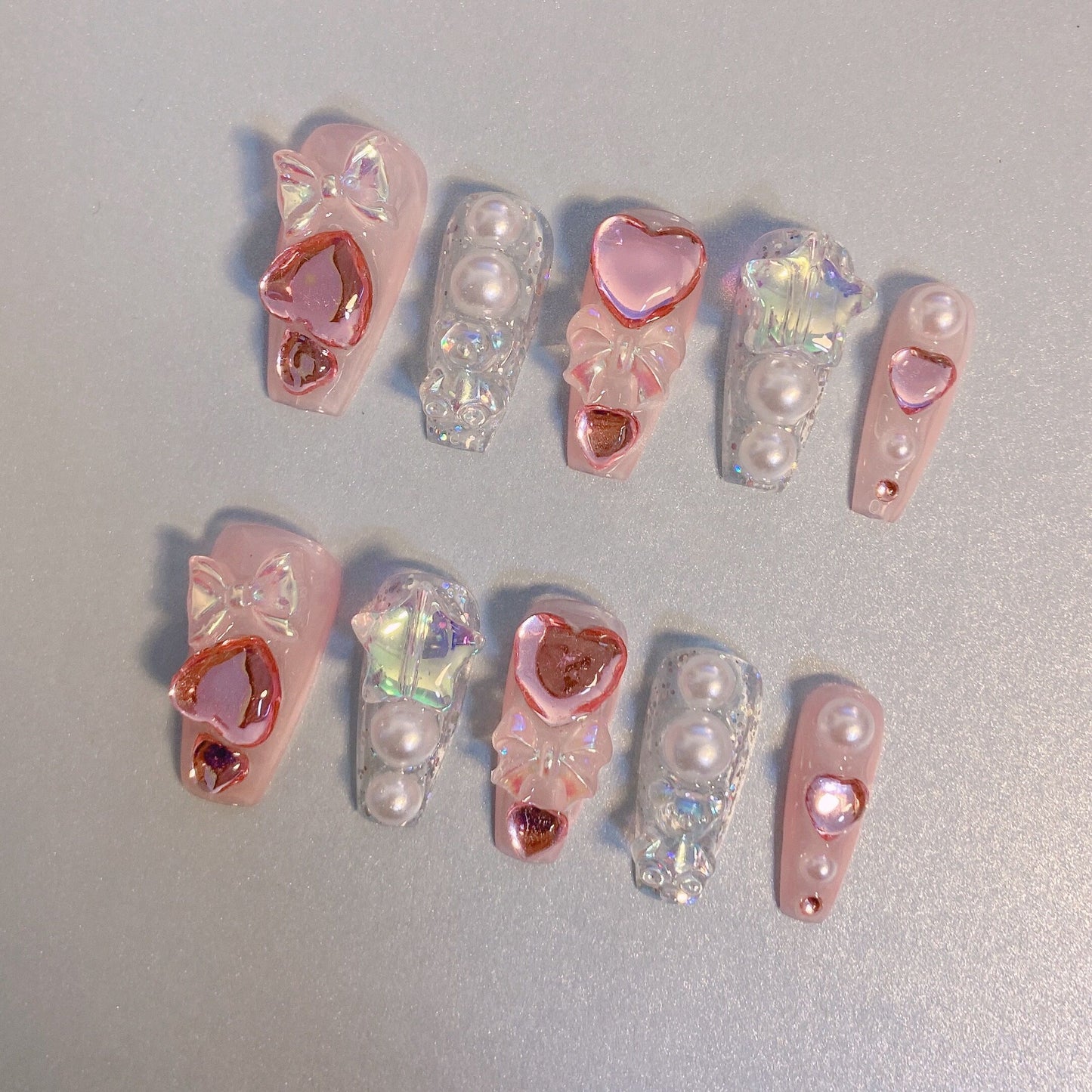 Drill-through Nail Wearing Y2K Spice Girl Heavy Industry Love Pearl Shining Handmade Removable Nail Enhancement