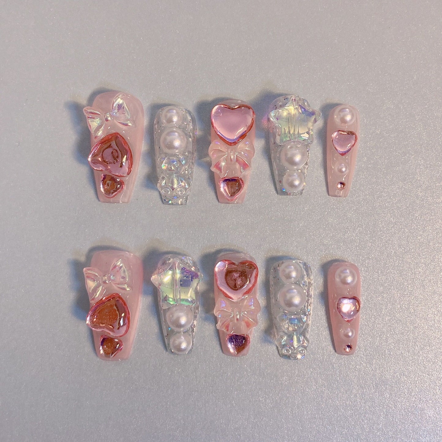 Drill-through Nail Wearing Y2K Spice Girl Heavy Industry Love Pearl Shining Handmade Removable Nail Enhancement