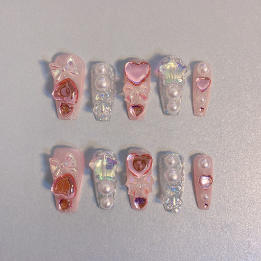 Drill-through Nail Wearing Y2K Spice Girl Heavy Industry Love Pearl Shining Handmade Removable Nail Enhancement