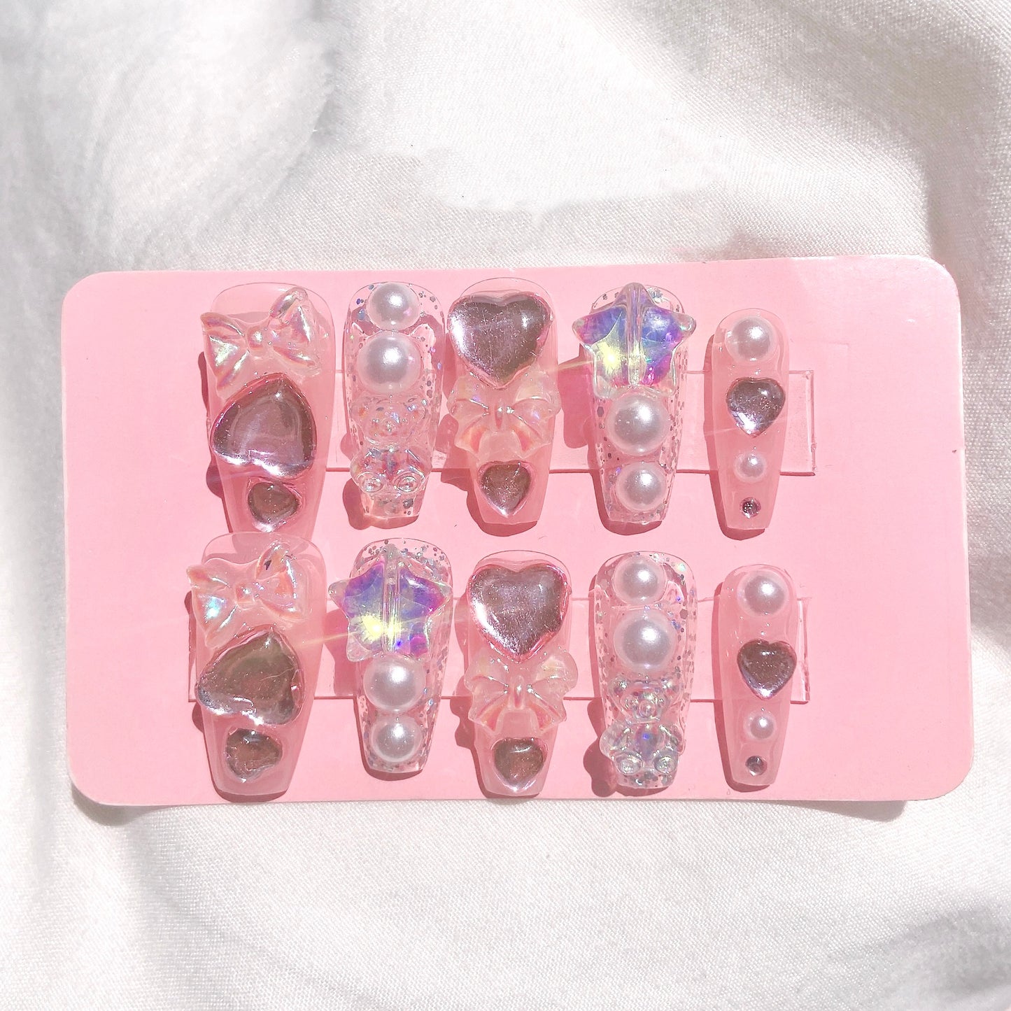 Drill-through Nail Wearing Y2K Spice Girl Heavy Industry Love Pearl Shining Handmade Removable Nail Enhancement