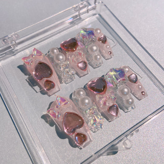 Drill-through Nail Wearing Y2K Spice Girl Heavy Industry Love Pearl Shining Handmade Removable Nail Enhancement