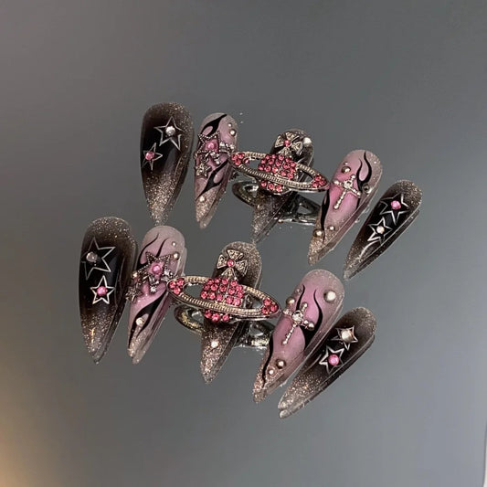 Cosmic Pink & Black Galaxy Nail Set
