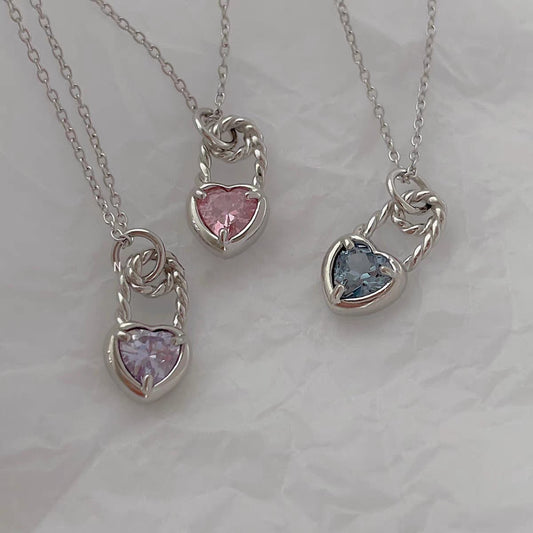 Colorful love zircon necklace s925 sterling silver minority light luxury design pink gem lock head sweet cool collar chain female