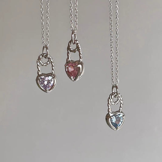 Colorful love zircon necklace s925 sterling silver minority light luxury design pink gem lock head sweet cool collar chain female
