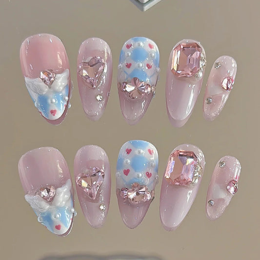 Beautiful girl manicure super powder love wearing manicure girl hand waterproof durable false nail plate wearing nail