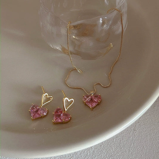 Pink Love Zircon Necklace Earrings