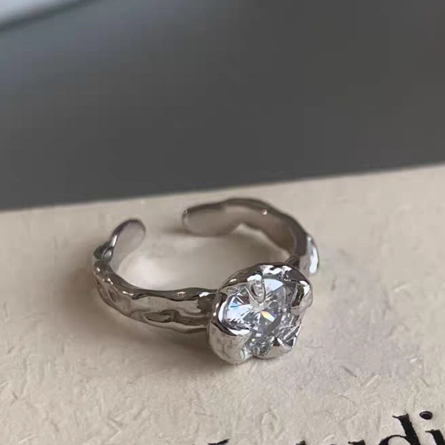 S925 Sterling Silver Zircon Irregular Tin Paper Ring ins Cool Style Advanced Temperament Does Not Fade