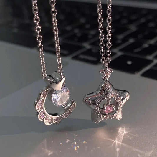 Pink Star Moon Love Crystal Diamond Necklace