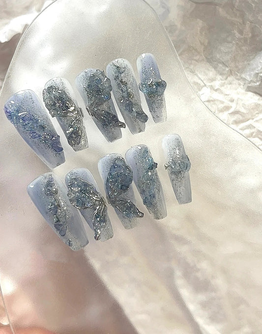 Blue dream butterfly false nails Handmade crystal diamond