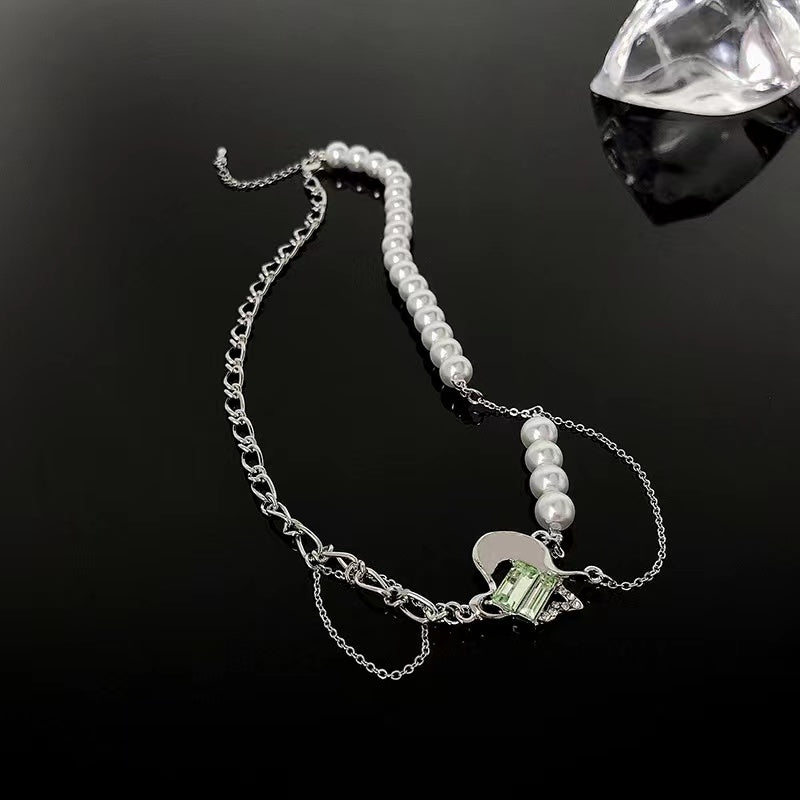 Light luxury niche mint green zirconia love pendant pearl chain
