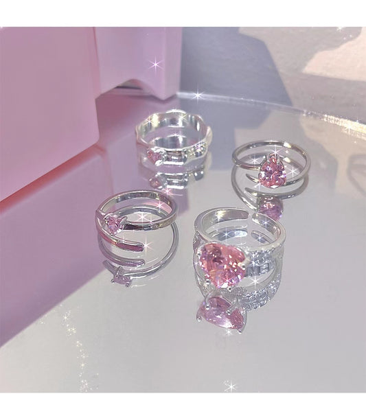 Pink heart silver ring