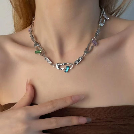 Sweet cool personality colorful diamond stitching pin necklace female niche cold wind ins hip-hop Europe and the United States design sense collarbone chain