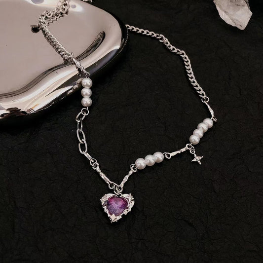 Neon colored diamond love pendant splicing pearl necklace female light luxury ins niche sweet cool wind temperament collarbone chain tide