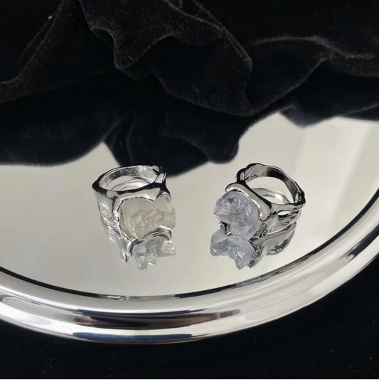 Clear floral metal irregular ring