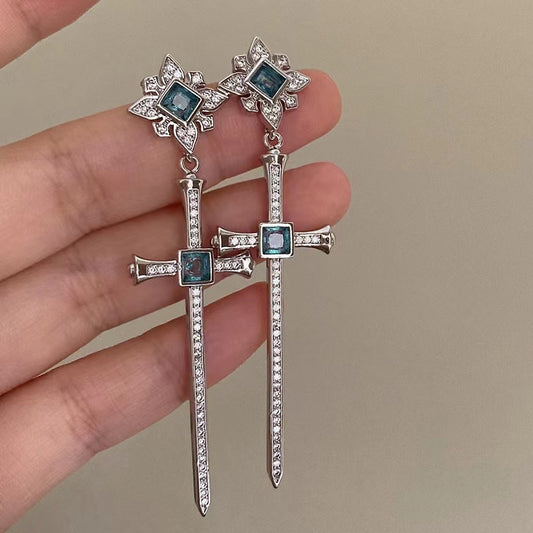 French court vintage sapphire atmospheric cross earrings