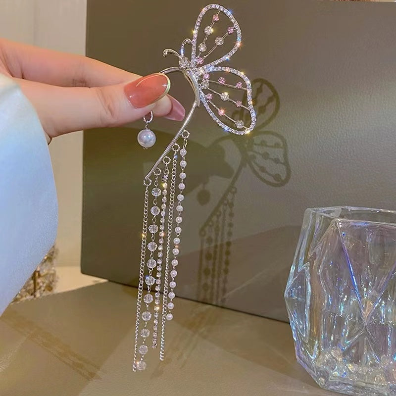 Pearl rhinestone butterfly tassel earrings earrings hang female new elf earrings no ear hole ear bone clip earrings