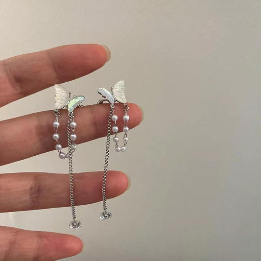 No ear hole super fairy mermaid girl color butterfly pearl tassel ear clip mori temperament fashion gentle cold ear bone clip