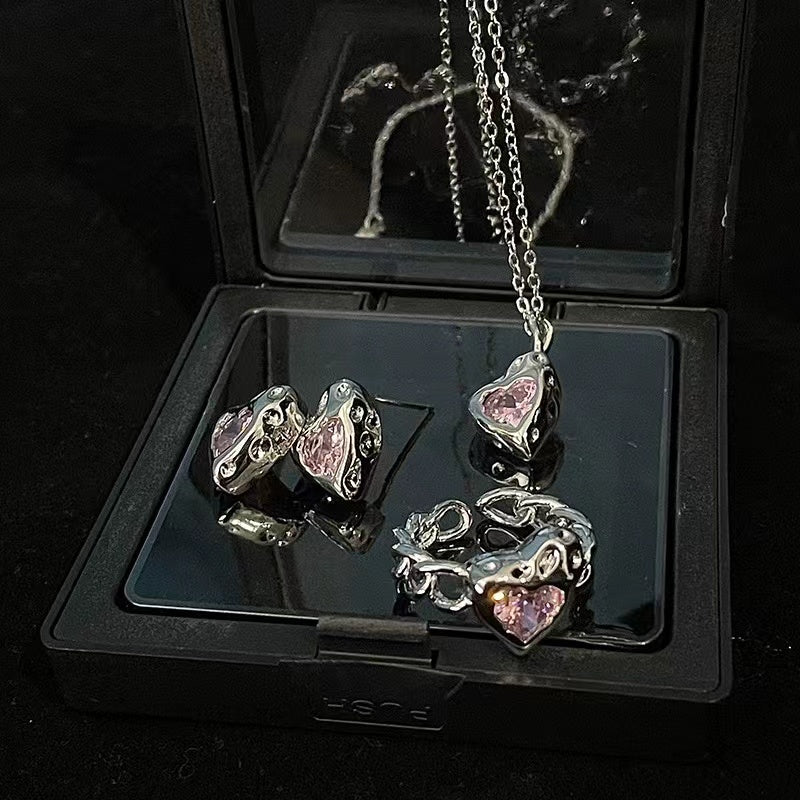 Niche design pink zirconia love necklace ins sweet cool wind earrings senior sense of cold wind open ring female