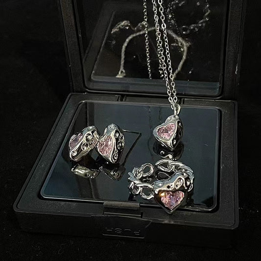 Niche design pink zirconia love necklace ins sweet cool wind earrings senior sense of cold wind open ring female