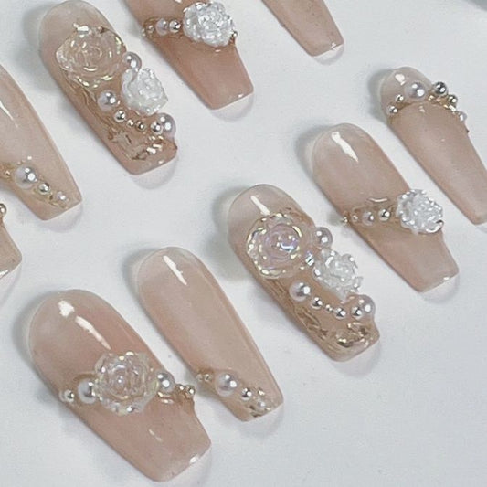 Icy Camellia medium-length handmade nails