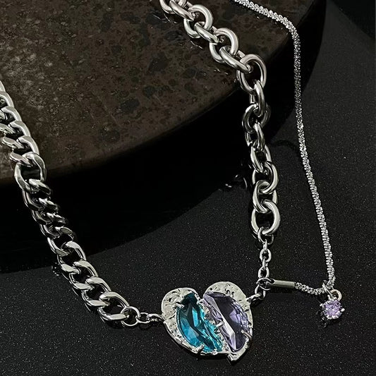 Sweet cool two-color love stitching necklace female niche light luxury ins hip-hop spice girl design sense cold wind collarbone chain