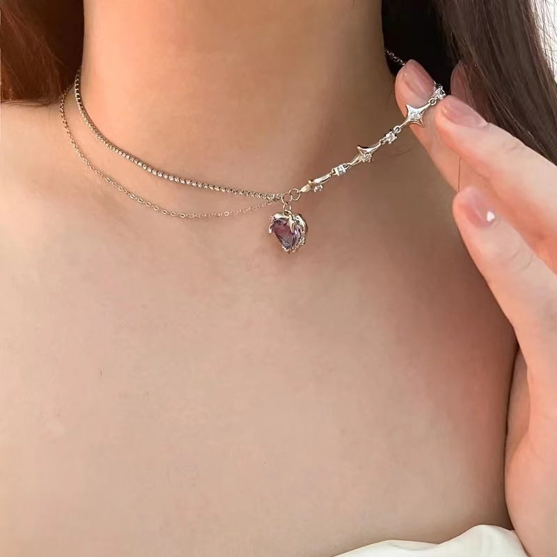zirconia necklace double layer super fairy purple love pendant chain