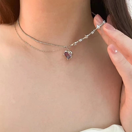 zirconia necklace double layer super fairy purple love pendant chain