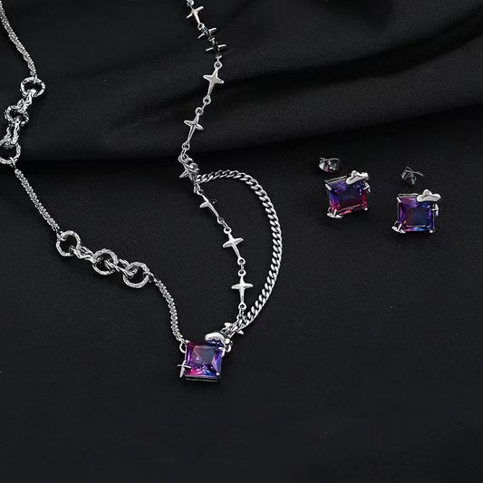 Color zircon necklace female ins cold wind senior sense of personality trend splicing accessories Korean sweet cool collarbone chain