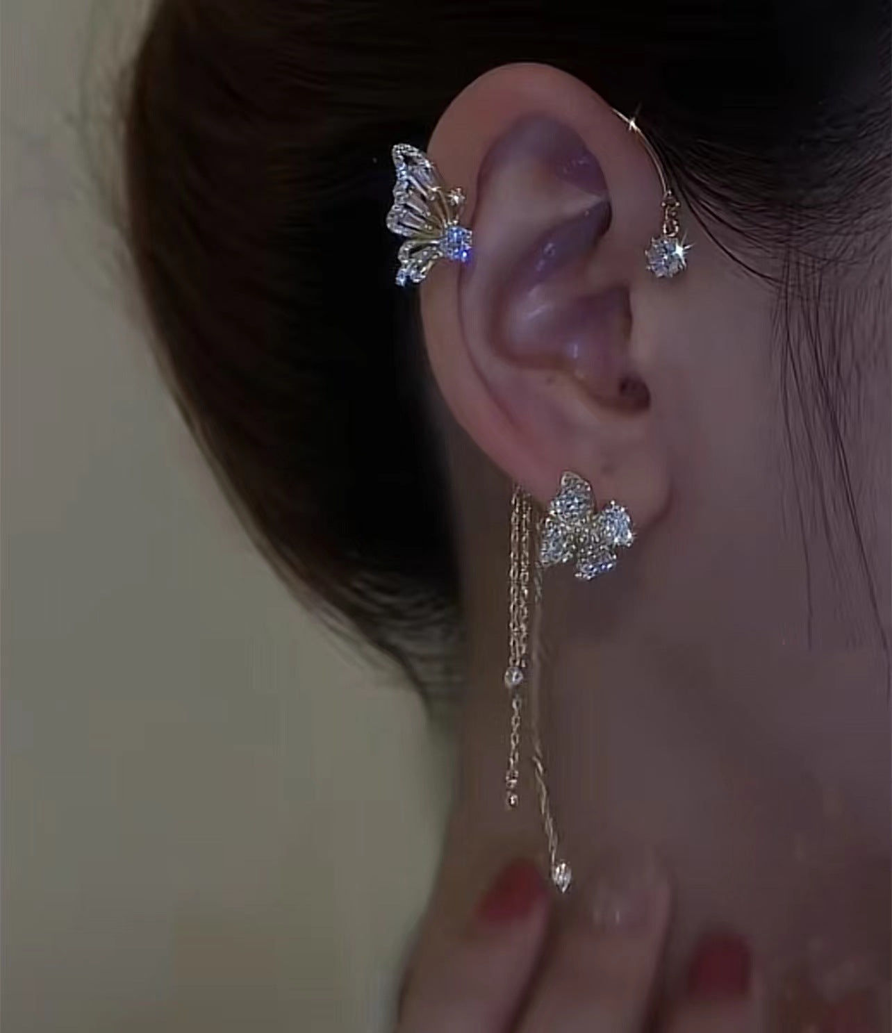 Butterfly ear hangings light luxury full zirconium butterfly flower tassel earrings