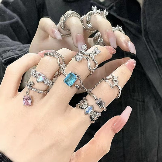 Wholesale niche design sense women's ring senior ins cold wind set diamond zircon chain French open index finger ring