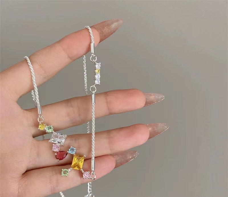 Sparkling color drops zirconia splicing necklace candy color full of stars collarbone chain cold wind necklace accessories