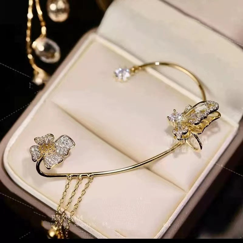 Advanced sense of super flash temperament butterfly flower ear hangings female tassel no ear hole earrings jitterbug ear bone clip