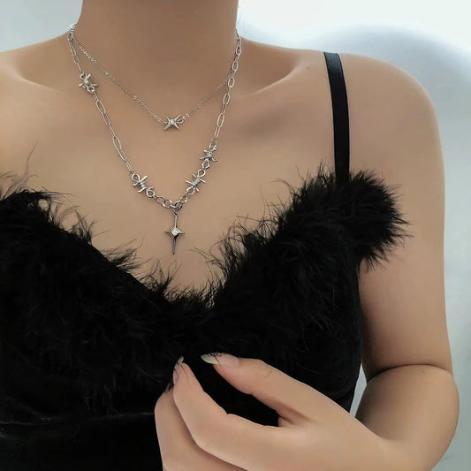 Double stacked wearing four mangoes stitching necklace female 2022 new niche design cold wind cross collarbone chain