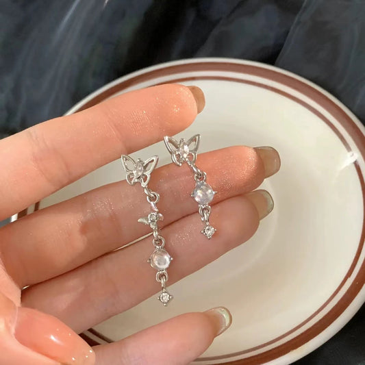 S925 silver pin asymmetric butterfly tassel earrings female South Korea light luxury niche design senior ear clip earrings