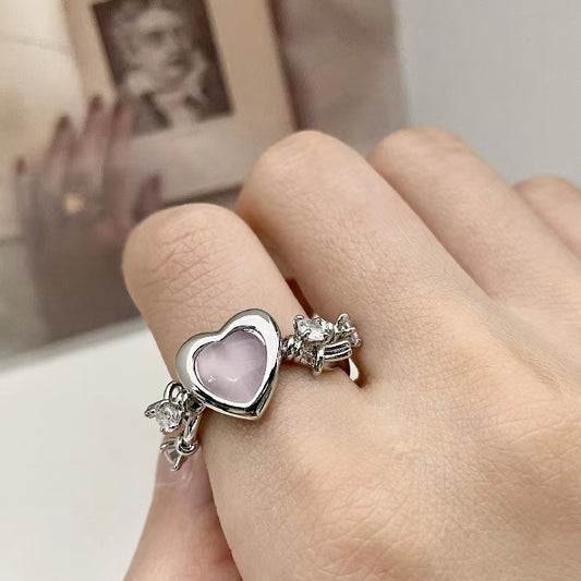 Pink love cat's eye stone open ring peach heart thorn zirconia ring