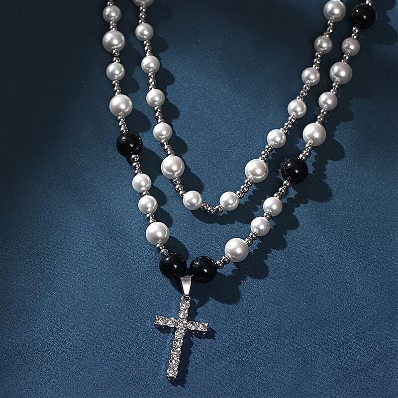 Vintage double black and white pearl necklace with diamond and zirconia cross