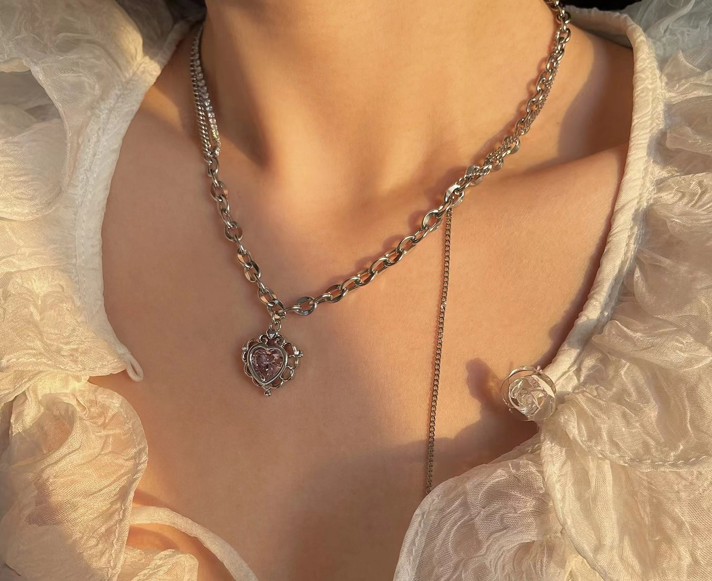 Pink zirconia love earrings necklace