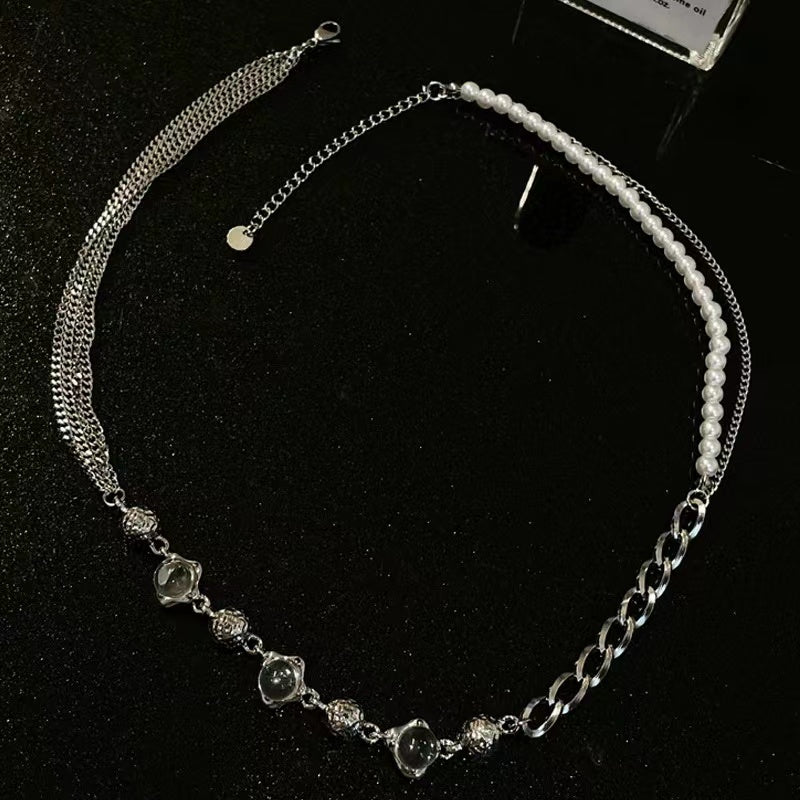 Sweet cool personality round bead splicing pearl necklace female light luxury niche ins hip-hop cold wind design sense collarbone chain