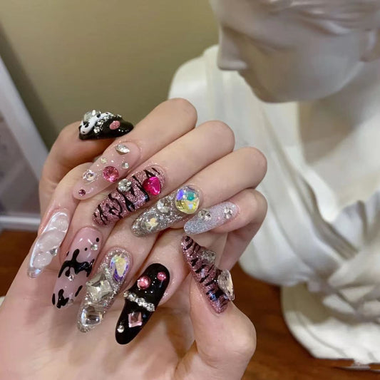 Sweet cool hot girl chain leopard print burst flash stacked diamond wear senior nail art nail piece
