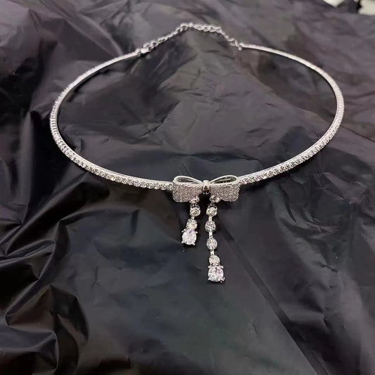 Diamond bow drop collar necklace