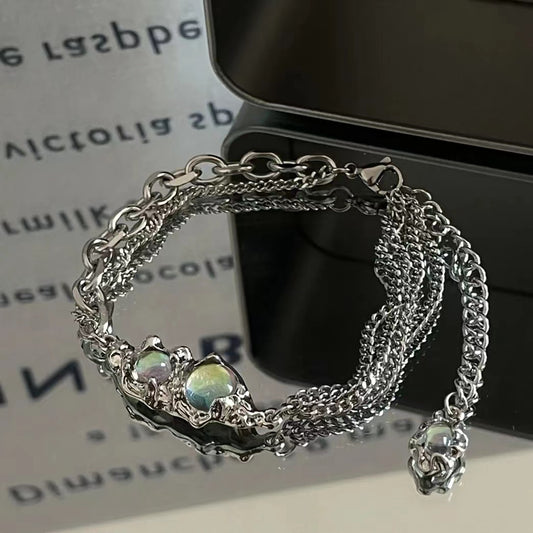 Double chain moonstone splicing bracelet female niche design premium sense of hip-hop accessories