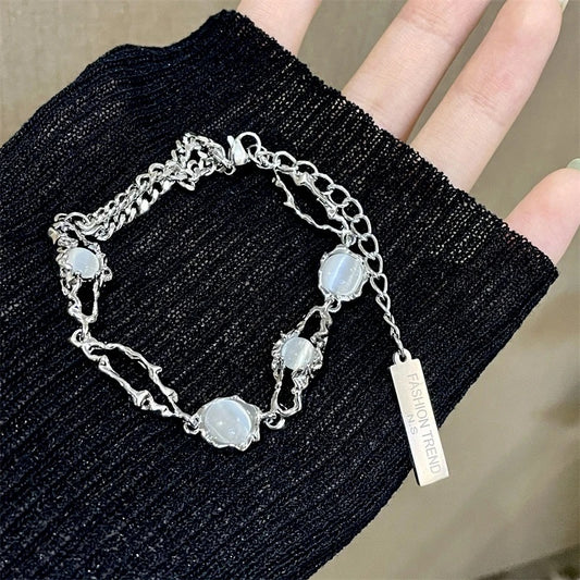 Titanium Steel Niche Design Moonstone Splicing Bracelet Advanced Cold Wind White Agate Gemstone Beaded Bracelet