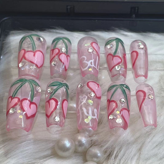 Water peach peach heart hand-painted girl heart handmade wear nail spicy girl sweet cool nail show white nail patch removable