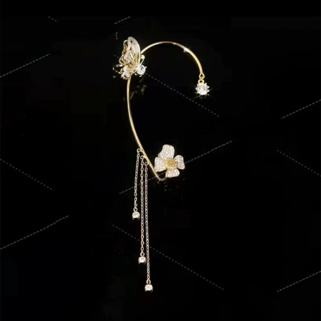 Advanced sense of super flash temperament butterfly flower ear hangings female tassel no ear hole earrings jitterbug ear bone clip