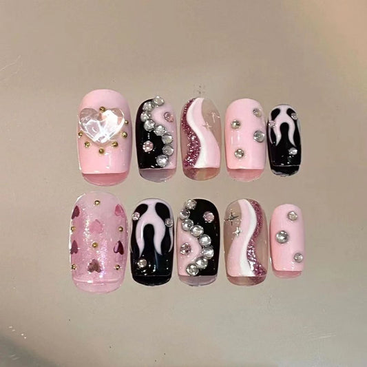 Sweet Cool Hottie Pink Tai Chi Flame Nail Crushed Diamond Nail Art 2K Short Hand Painted Wearable Nail Barbie Pink Trend