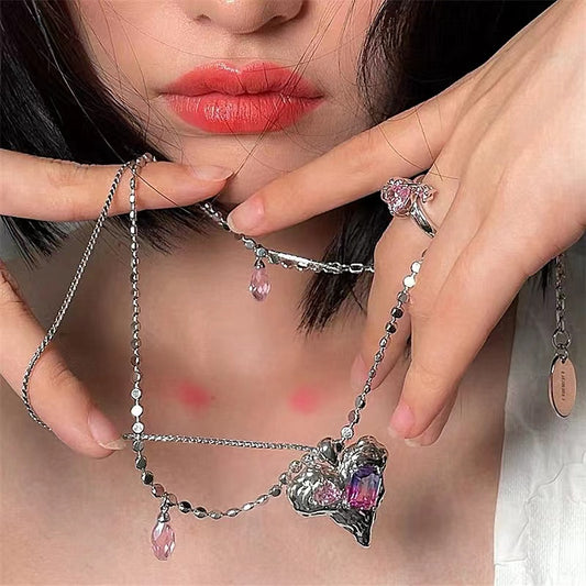 Flash diamond chain double stacked wear short chain gradient crystal splicing love necklace female sweet cool ins hip-hop collarbone chain