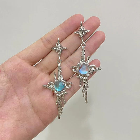Chinese national tide wind white agate Cross Earrings