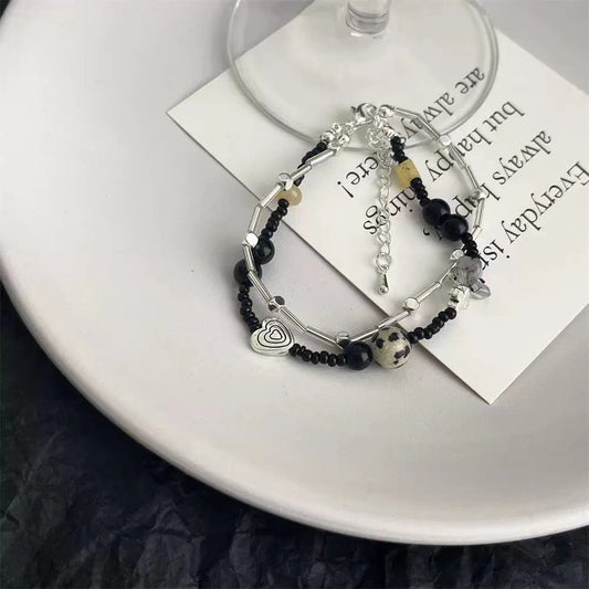 Black beaded double layer rice bead bracelet