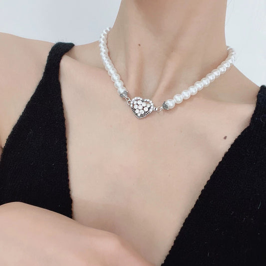 Love heart patchwork pearl necklace