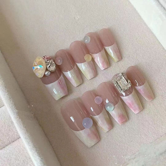Handmade wearable French style stacked diamond gentle clean temperament style summer cream medium length nail piece